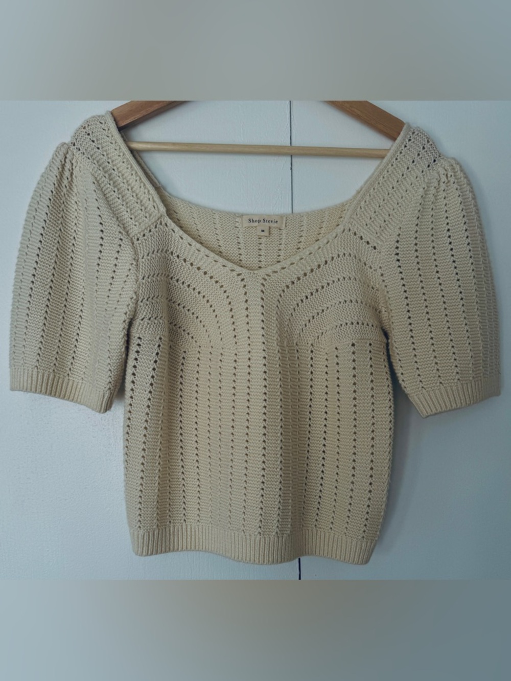 Shop Stevie Cream Openwork V-Neck Short Sleeve Sweater
